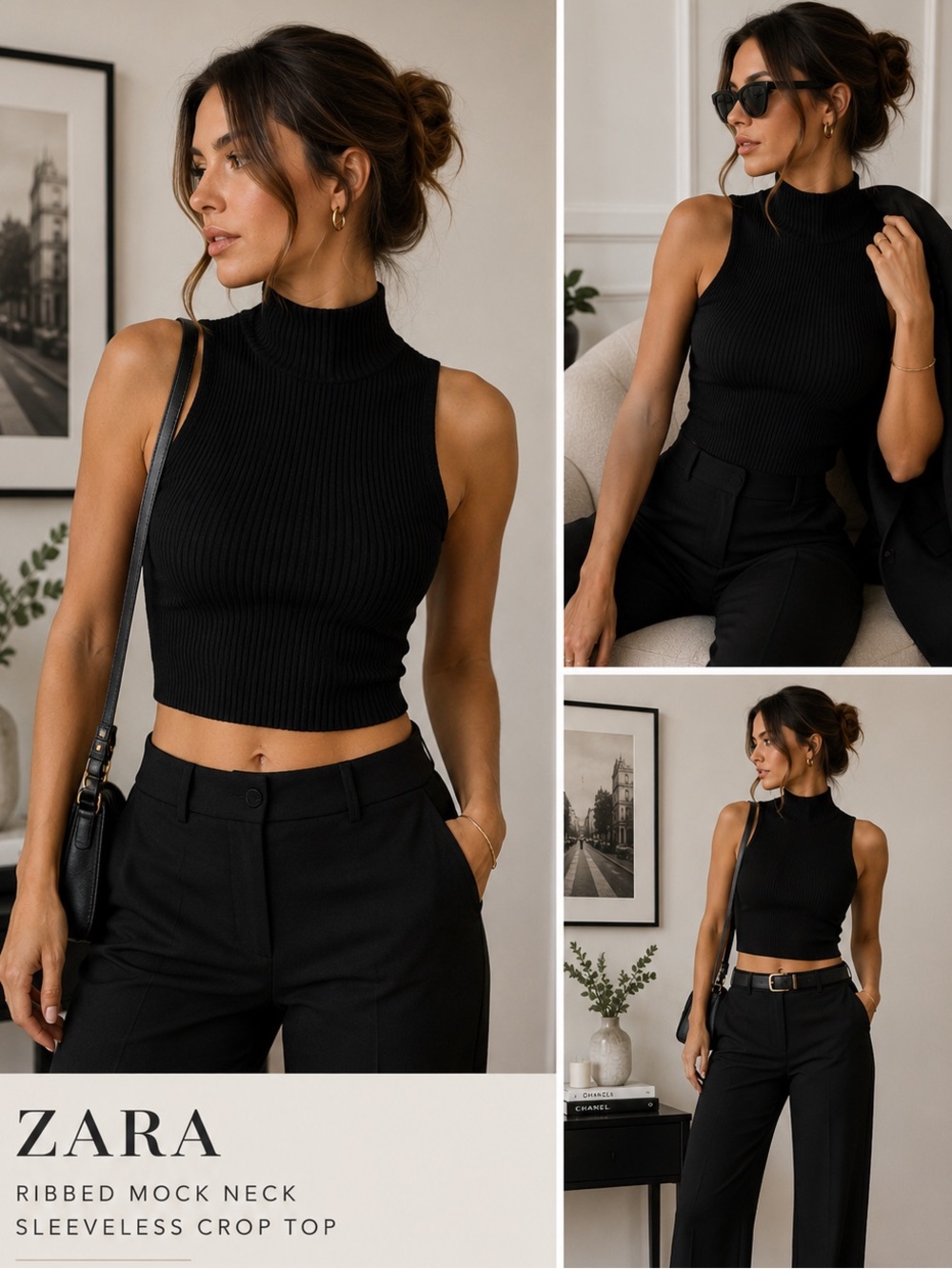 ZARA Black Ribbed Mock Neck Sleeveless Crop Top – 90s Minimalist – M